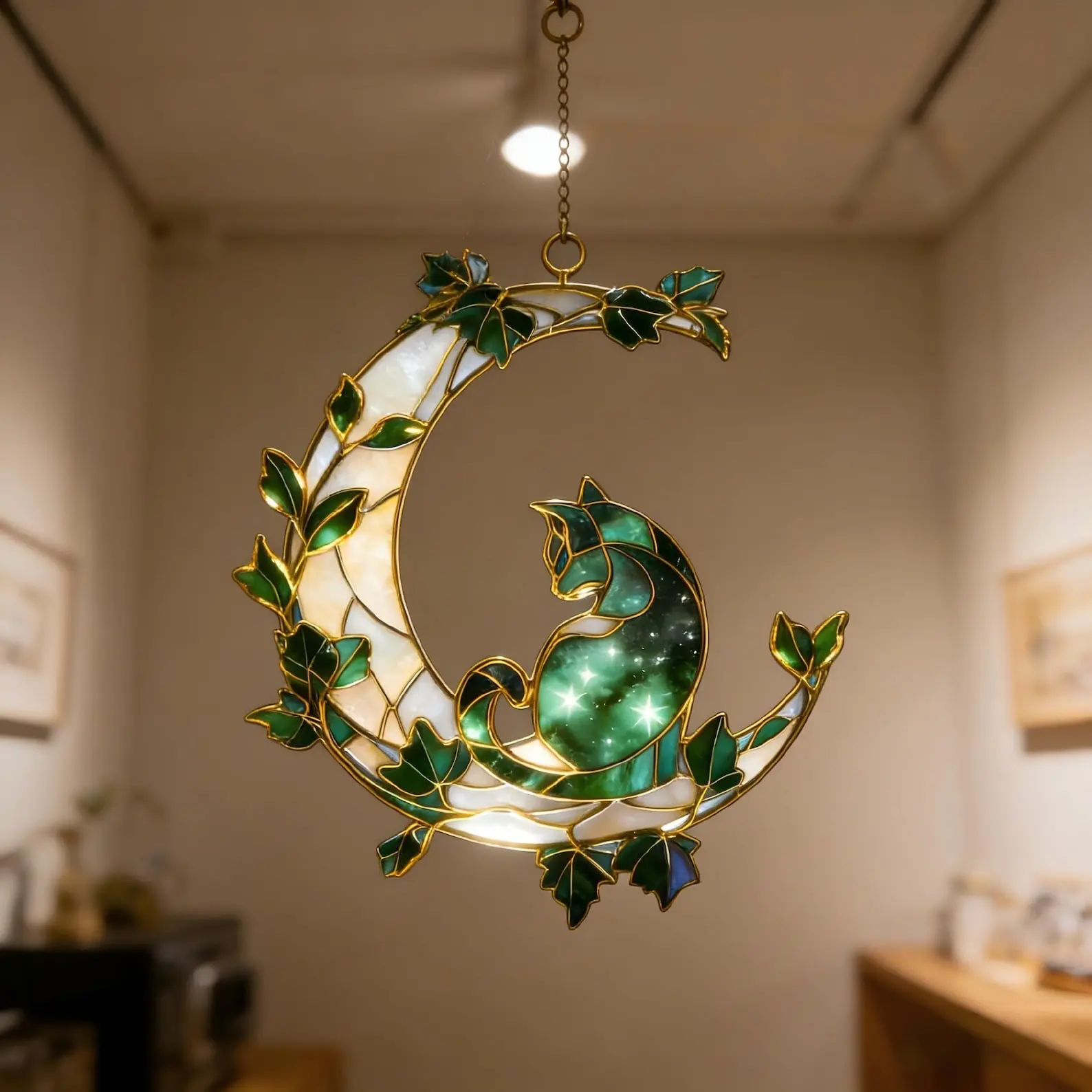 Celestial Green Cat on Crescent Moon Suncatcher, Stained Glass Window Hanging Art, Handcrafted Glass Style Sun Catcher Ornament for Witchy Room Decor, Perfect Gift for Cat Lovers