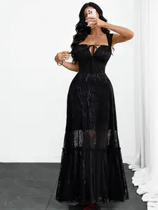 Women's Spring Summer Sexy Rose Embroidered Vintage Sleeveless Tie Back Lace Halter Dress, Floral Lace Bodycon Fitted Plain Backless Dress