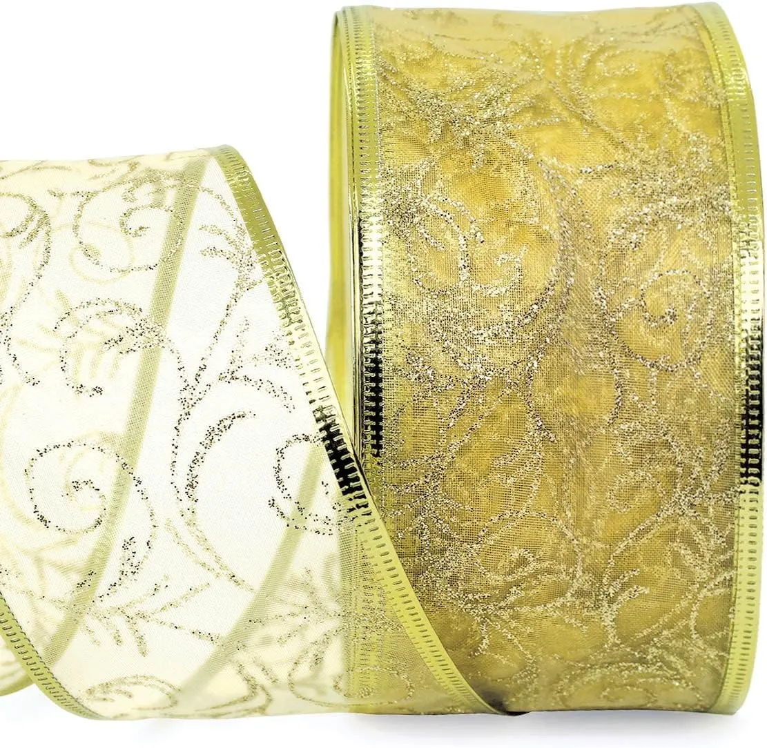 Gold Wired Ribbon Sheer Glitter Organza 2.5 in Ribbon Holiday Gift Wrap Birthda OLYPHAN