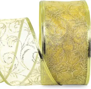 Gold Wired Ribbon Sheer Glitter Organza 2.5 in Ribbon Holiday Gift Wrap Birthda OLYPHAN
