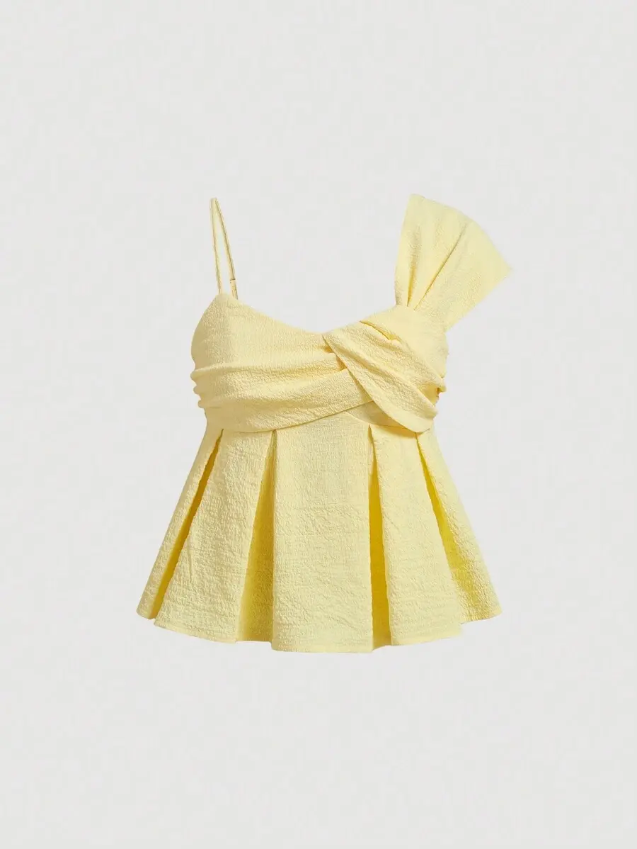 Ladies' Fashionable Asymmetrical Strap Ruffle Top, Light Yellow, Ideal For Summer Vacation