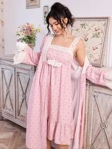 Palacenights Vintage Palace Style Colorblock Lace Trim Floral Halter Dress Long Sleeve Ruffle Open Front Robe Two Piece Set