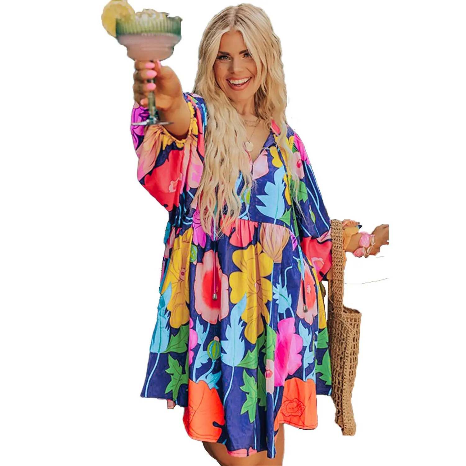 Colorful Floral V Neck Balloon Sleeve Plus Size Babydoll Dress
