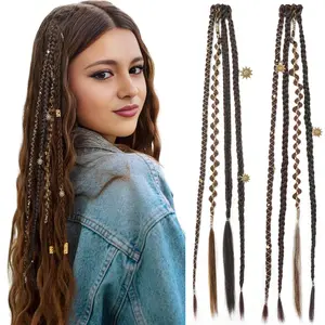 Clip in Braid Hair Extensions for Women, 20/16 inch Boho Dreadlock Clip in Braids with Beads & Charms, 2PCS Synthetic Braided Hairpieces for Cosplay Daily, Medium Blonde with Light Blonde