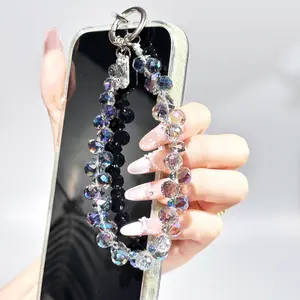 Sparkling Beaded Phone Wrist Strap Bracelet Wristlet - Deep Purple Shiny Crystal Metal Card Installation Protection SmartPhone CellPhone Accessory phone charm