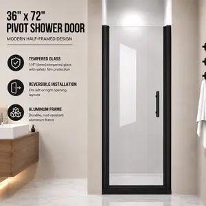 36" x 72" Pivot Shower Door, Aluminum Frame, 1/4" Tempered Glass with Safety Film, Half-Framed Swing Shower Door