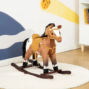 Black Friday Deal Wooden Rocking Toy for Toddlers,Toddler Riding Toy,Wooden Rocking Horse,Stuffed Baby Animal Rocker,Plush Rocker Toy for Kid,Kids Metal Plush Ride-On Rocking Horse Chair Toy With Realistic Sounds - Dark Brown/White
