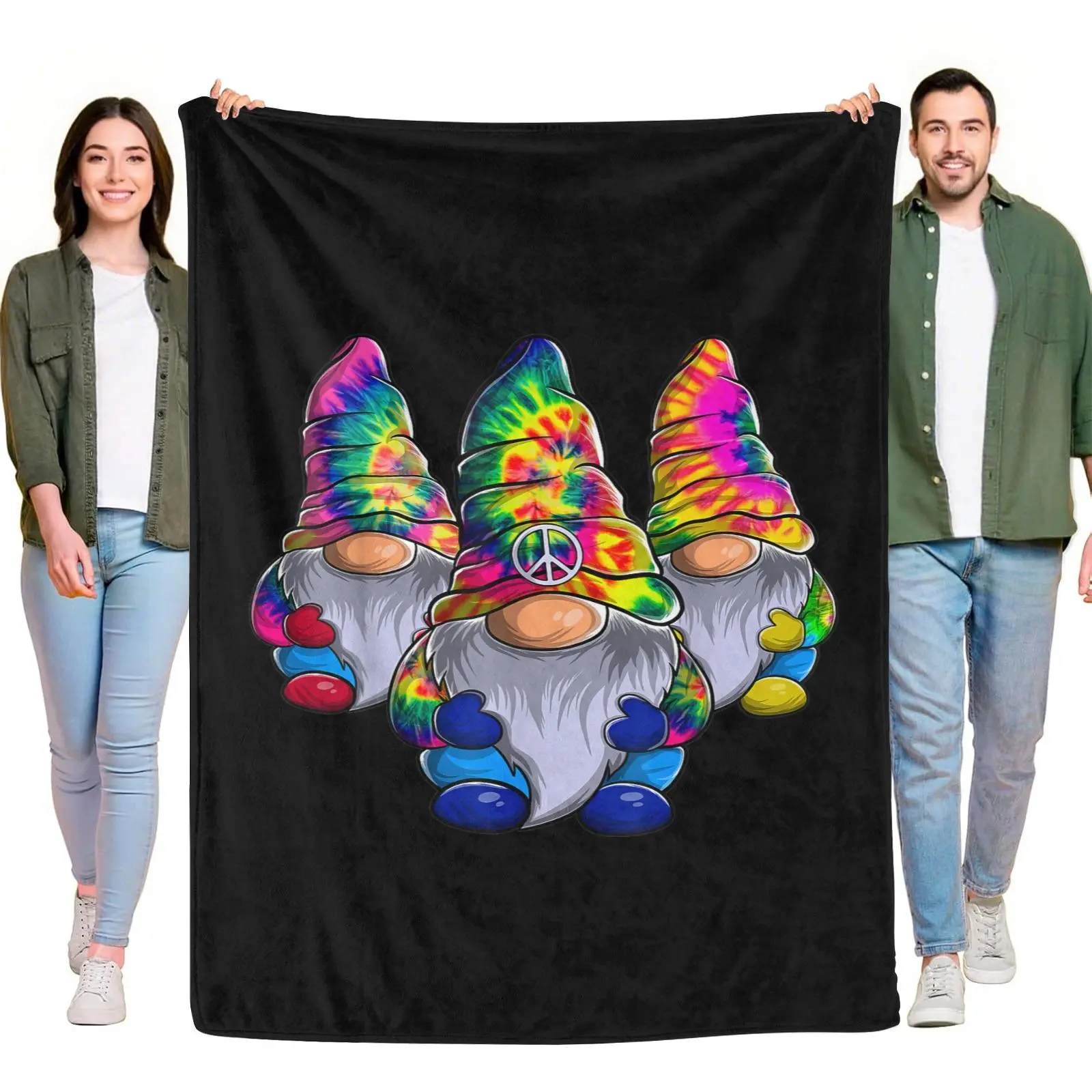 Flannel Throw Blanket Three Tie Dye Garden Gnomes Peace Sign Black Background Hippie Boho Cute Gnome Soft Cozy Blanket