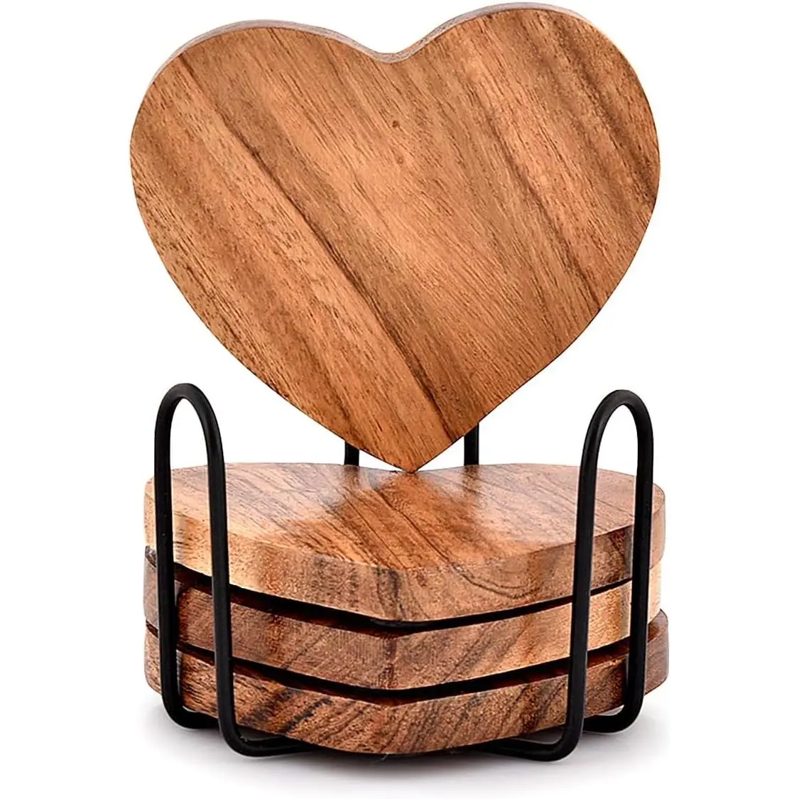 Acacia Wood Heart Shape Coaster Set of 4 with Iron Holder for Coffee Table Décor Housewarming Gift New Home Kitchen Décor