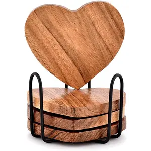 Acacia Wood Heart Shape Coaster Set of 4 with Iron Holder for Coffee Table Décor Housewarming Gift New Home Kitchen Décor