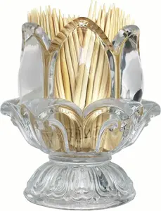 Toothpick Holder, Decorative Crystal Glass Toothpick Dispenser with 450 Bamboo Toothpicks