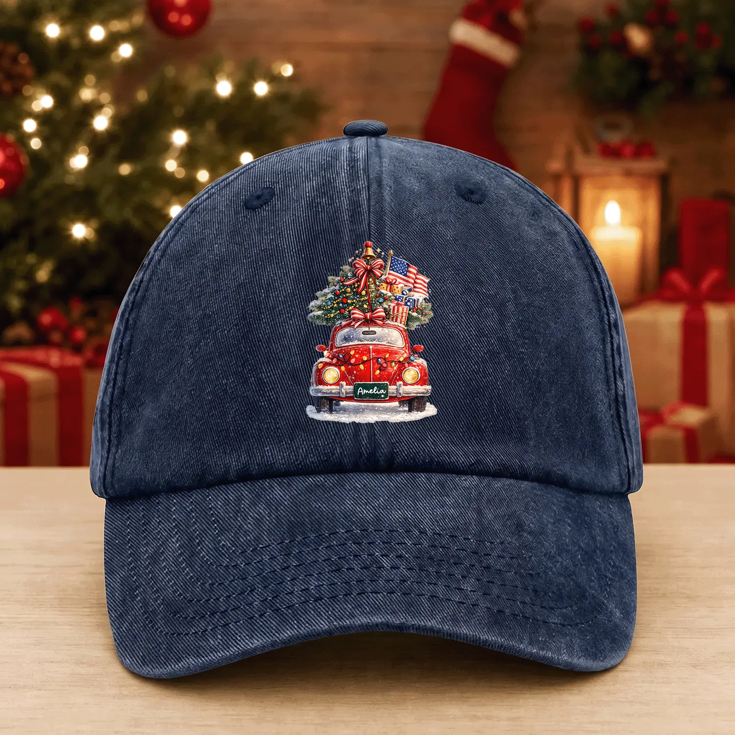 Personalized Christmas Truck Baseball Cap, Custom Name Holiday Hat, Vintage Washed Denim Cap