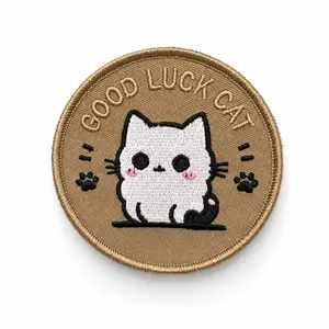 Good Luck Cat Hook and Loop Patch, Round Embroidered Cat Morale Patch with Gold Border for Backpack Hat Jacket