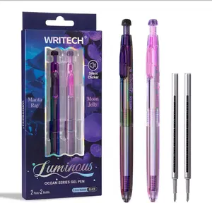 WRITECH Luminous Gel Pens Medium Point: Luminous pen set 0.7mm, Black Ink, Includes 2 Pens and 2 Refills, Silent Clicker, Smooth Writing for School Office & Everyday Use