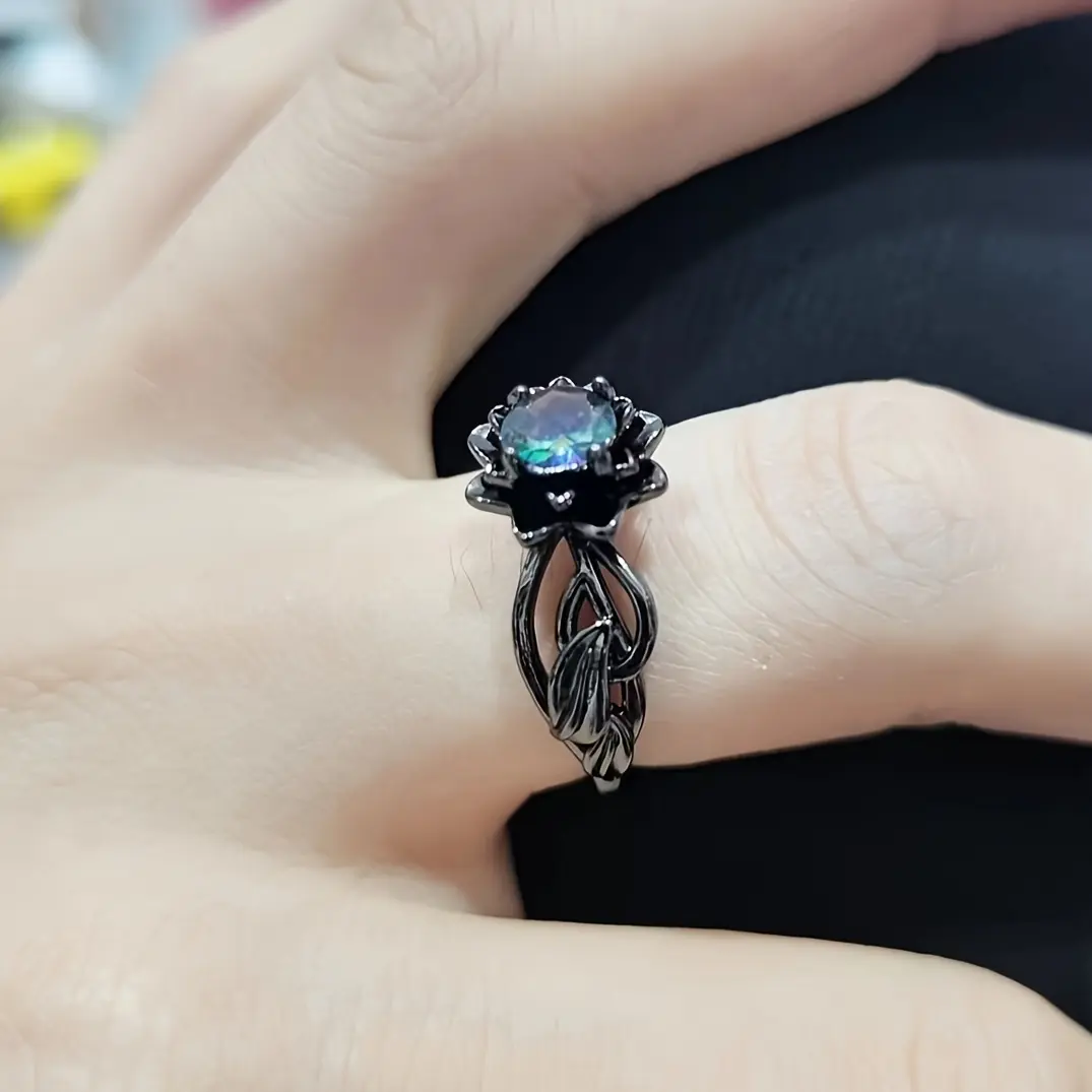 Women's Elegant Lotus Motif Solitaire Ring - Luxurious Alloy Princess Style with Blue Rainbow Zirconia & Cubic Zirconia Inlaid Heart Shape, Ideal for Engagement & Gifting, Everyday Costume Jewelry