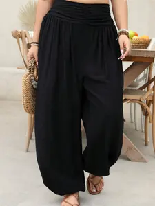 Plus Size All-Season Wide-Leg Loose Fit Casual Pants, Womenswear, Shirred Design, Natural Waist, Long Regular Length, Lazy Vacation Style Bottom