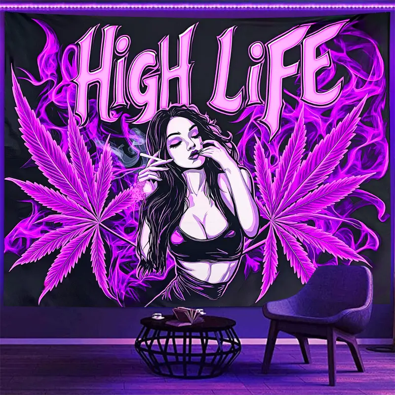 1pc  Flat Polyester UV Blacklight Neon Aurora Design Fluorescent Tapestry Banner - "High Life" with Woman Smoking & Leaf Motifs, 200.0x150.01 cm, Indoor/Outdoor Decor for Game Room, Dorm, Living Room, Bedroom, Office, Patio, Party Decoration, Party Deco