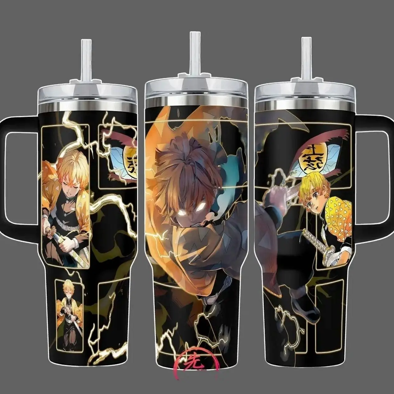 Zenitsu Agatsuma Demon Slayer Thunder Breathing Stainless Steel Insulated Travel Tumbler With Handle 20oz 40oz Anime Lightning Wrap Design Skinny Tumbler