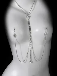 Silver Gold Sexy Body Chain With Fake Nipple Rings For Women, Stainless Steel Non Piercing Nipple Chain CZ Faux Pearl Body Chain Adjustable Faux Nipple Jewelry Faux Body Piercing Jewelry For Women