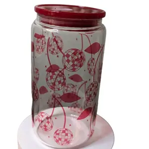 Cherry Discoball Sublimated Design 16oz  beer can glass with Acrylic Lid and  Reusable Straw Drink Drinkware Beverage special gift Multicolor cocktail glassware