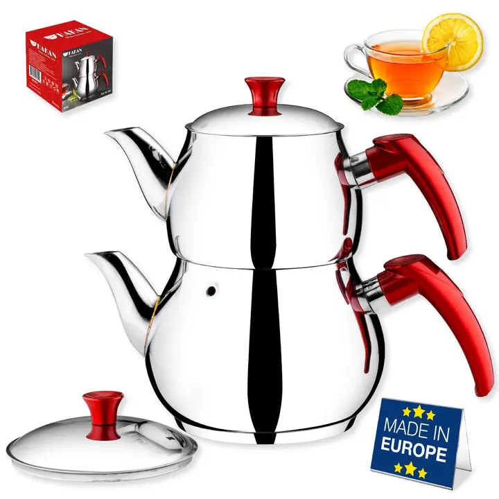 Hakan Stainless Steel Bondy Double Turkish Teapot Set with Self Strainer Double Lids, Turkish Samovar Style Teapot Set, Tea Kettle for Loose Leaf Tea with Red Bakelite Handle