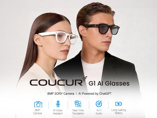 [Spring Deals] Coucur G1 AI 2026 Smart Glasses with Charging Case, 8MP HD Camera Glasses for Men Women, 1200P Video Recording, Open-Ear Bluetooth Glasses for Audio with AI Translation/Voice Control