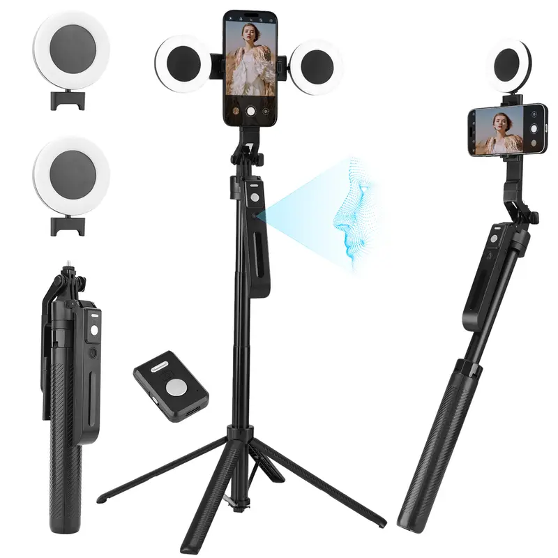 TINKSEN 2025 New AI Smartphone Selfie Stick Tripod - 360° Rotatable Auto Tracking, Remote & Fill Light Glow, Adjustable Height, Sturdy TPU Base, Metal Finish, Tripod Standing Photo Accessory for iPhone & Android Travel Photography