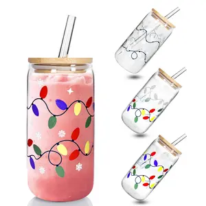 Christmas Glass Cups 17oz Iced Coffee Cups with Lids  with Color Changing and Straws Drinking Glasses Cups Decor Glass Water Bottles Gift for Women Kids Men Cute Drinking Can Jar, Floral Tumbler, Beer Can Gifts
