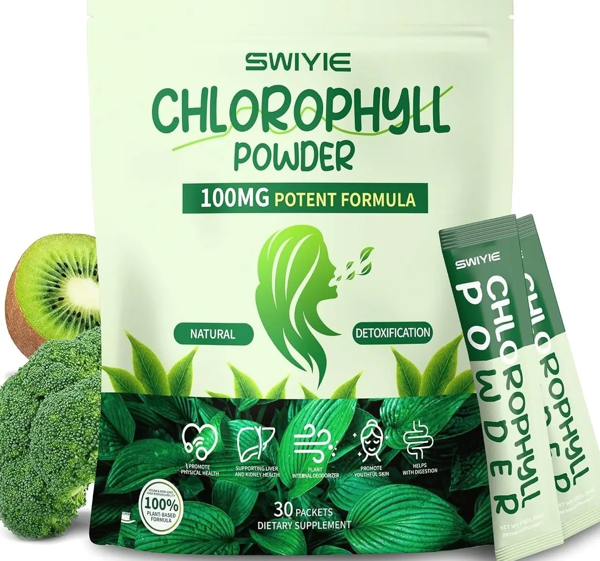 Chlorophyll Powder – 100mg Liquid Clorofila for Drinking – Natural Herbal Detox Supplement – Supports Gut & Breath – Chlorophyll Water Formula – 10g x 30 Packets