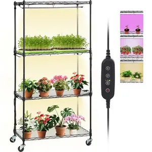 Plant Stand with Grow Light, 4-Tier Plant Shelf with 45W Full Spectrum Grow Light, 3 Mode Plant Light with Timer and Wheel for Seed Starting, Metal Grow Light Shelf for Indoor Plants
