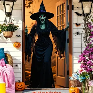 2D flat 1pc Halloween horror witch breaking door theme background cloth, green-skinned witch roaring horror holiday decoration wall cloth, suitable for Halloween parties, haunted house theme activities, horror style party scene decoration supplies, polyes