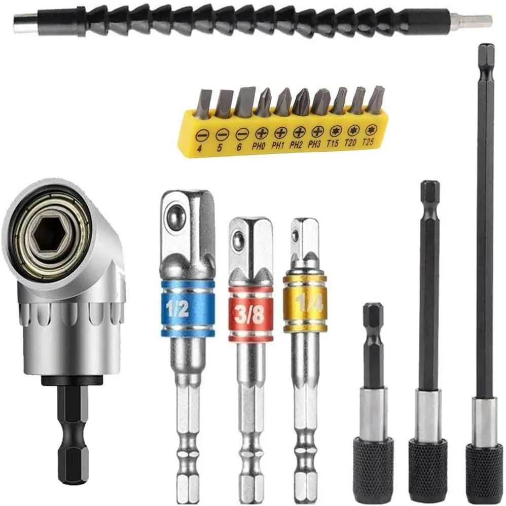 Flexible Drill Bit Extension Set with 105 °   Right Angle Drill Attachment, Bendable Extensions, Includes 3pcs 1/4", 3/8", 1/2" Universal Socket Adapters, 3pcs Drill Bit Holders, and Screwdriver Bit Kit