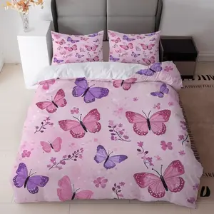 3-piece set of pink purple butterfly printed bedding - including 1 duvet cover and 2 pillowcases (excluding pillow core), made of soft polyester fabric, suitable for all seasons, machine washable - ideal for bedroom decoration - Decorative Bedding Set