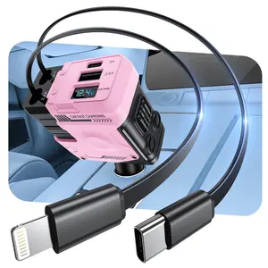 W&O Retractable Car Charger 4 in 1, USB-C Fast Charging Adapter with Lightning Cable&Dual Charge Port Compatible with iPhone, Samsung,Smartphone