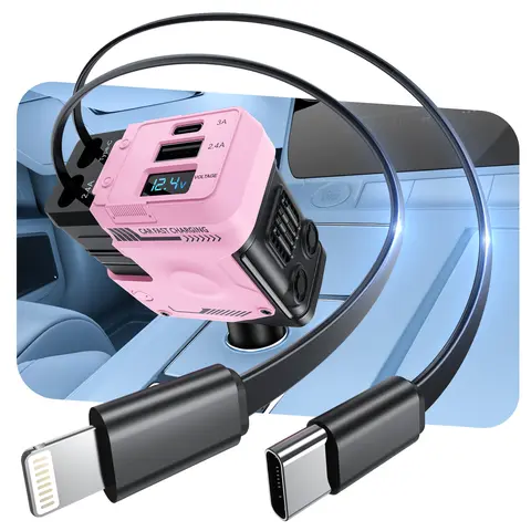 W&O Retractable Car Charger 4 in 1, USB-C Fast Charging Adapter with Lightning Cable&Dual Charge Port Compatible with iPhone, Samsung,Smartphone