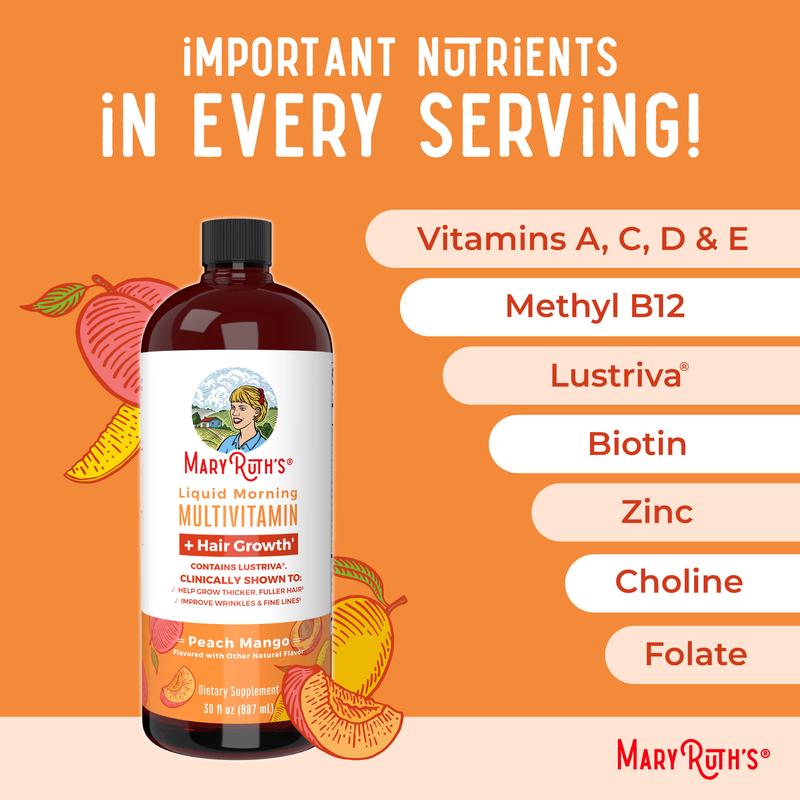 MaryRuth's Liquid Multivitamin + Hair Growth - Clinically Tested Lustriva for Thicker Hair in Women - Improve Facial Wrinkles - Vegan - 30 Fl Oz