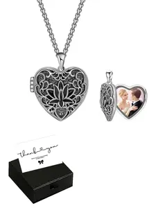 Vintage Heart Photo Box Dainty Necklace Pendant with Love Gift Box, Ideal Birthday Memorial Gift for Boyfriend Girlfriend