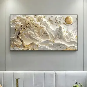 1 piece canvas painting with wood frame, abstract gold and white marble design with moon and floral decoration, large canvas wall art, suitable for decorating room, living room, office, etc.The presentation effect is based on the actual size.