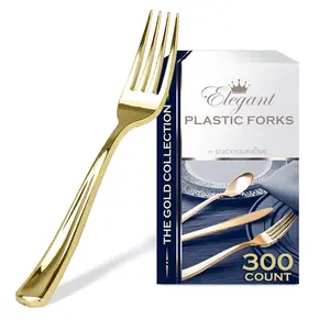 Stock Your Home 300 Disposable Heavy Duty Plastic Forks, Fancy Plastic Silverware Looks Like Real Cutlery - Utensils Perfect for Catering Events, Restaurants, Parties and Weddings (Gold)