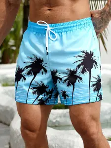 Men’s palm tree print drawstring waist pocket beach shorts; men’s blue swim trunks with a palm tree pattern; black swim trunks with a palm tree pattern; seaside aesthetic outfits; loose summer shorts