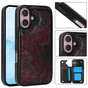 Gothic Red Butterfly Leather Card Holder Phone Case for iPhone 17/16/15/14/13/12 Pro/Plus/Pro Max/Air Protection Shockproof