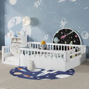 White Floor Bed Frame, Full Size Bed with High Fence Railings, Wood Playhouse Beds with Rails, Light & Storage, No Slats Included