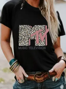 Women's Mtv Music TV Leopard Print T-Shirt, Soft Elastic Round Neck Short Sleeve Top, Casual Summer Spring Tee, Vacation Wear, Comfortable Shirt