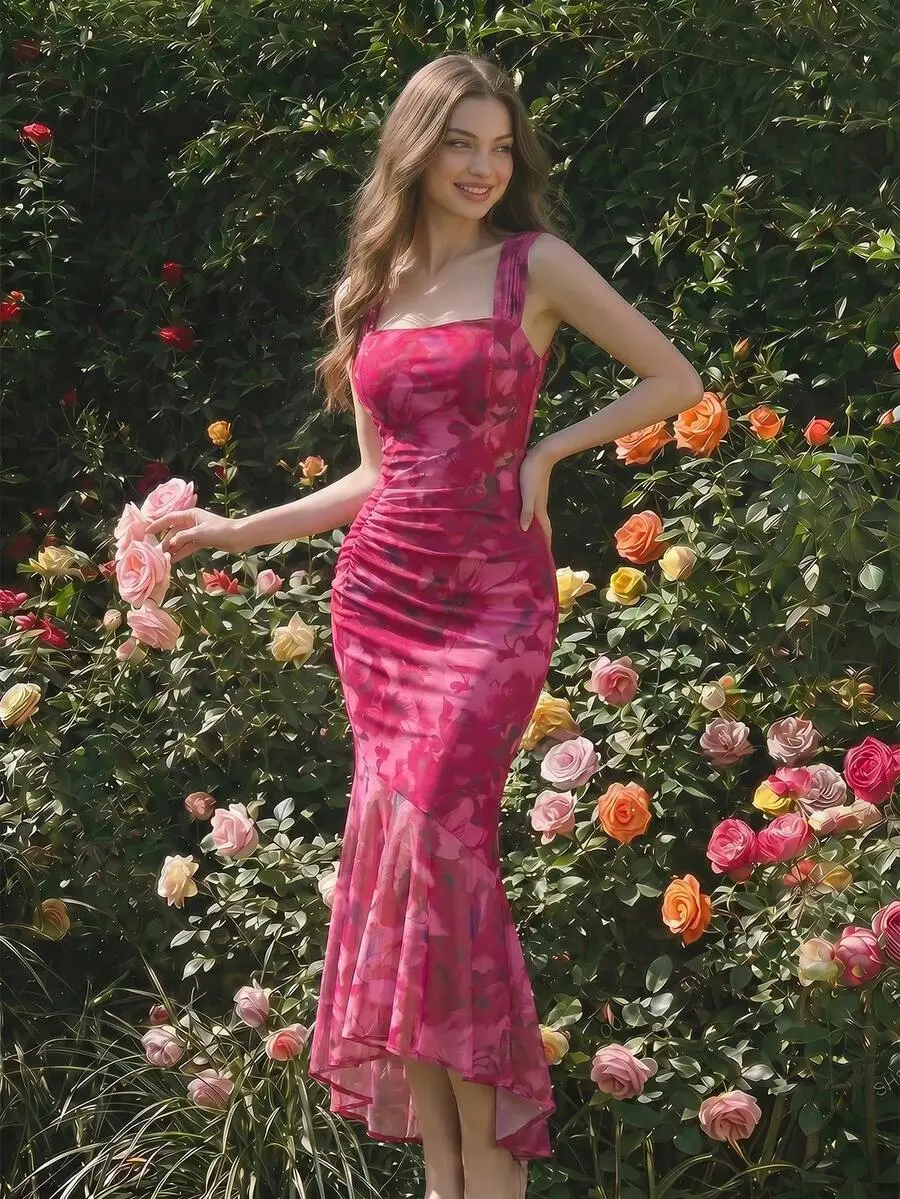 ELORIA Women Floral Sleeveless Asymmetrical Hem Ruched Side Cami Dress, Floral Pink, Summer, Elegant, Wedding Party Vacation Ninang Masquerade Ball Fairy