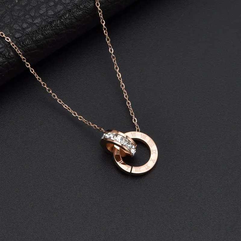 Roman Numeral Ring Diamond Titanium Steel Necklace Women's - 51cm (Inclusive) with Rhinestone Pendant, 10cm or Less Extension Chain, Rose Gold Color