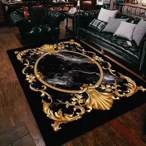 Luxury Baroque Black Marble & Gold Ornate Flannel Area Rug - Vintage Rococo Frame Print Soft Mat for Living Room & Bedroom, Non-Slip Elegant Home Decor Rugs #BaroqueRug #GoldOrnateMat #BlackMarbleDecor #RococoStyleHome #NonSlipFlannelRug