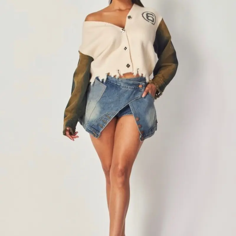 Beige Denim Sleeves Sweater for Women - Versatile Pullover with Button Front and Long Sleeves - Womenswear