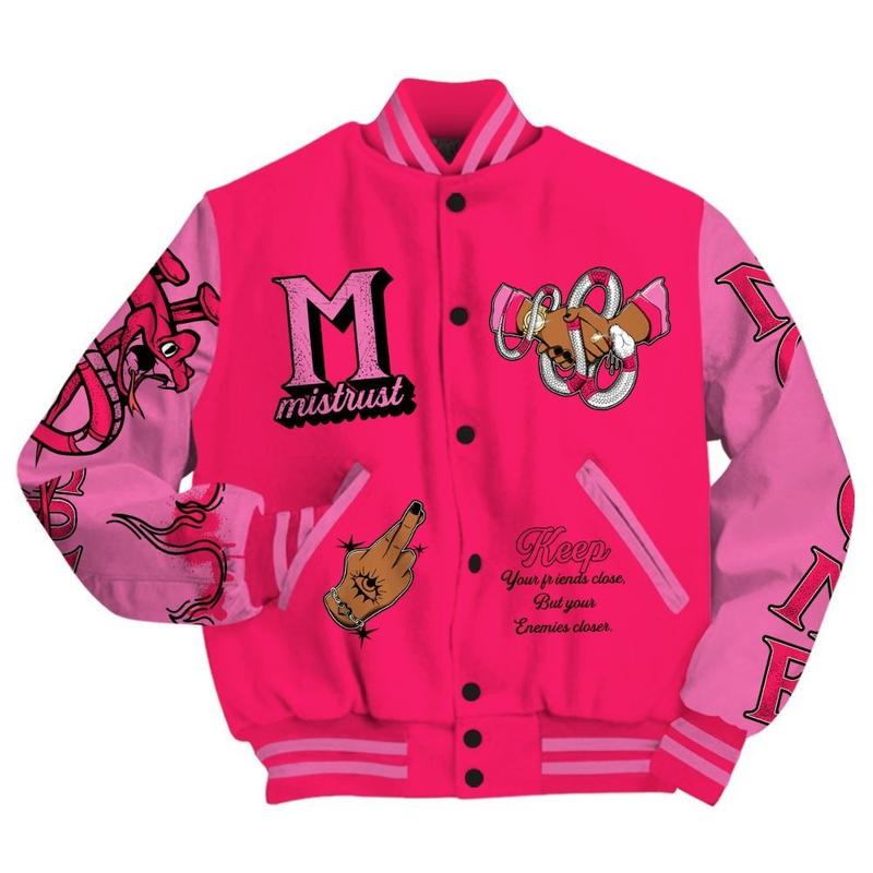 Dunkare Air VaporMax Plus Triple Pink Varsity Jacket, Trust No One Snake-Bite Street Style All Over Print Letterman Jackets, Gift for men, Gift for him, Gift your boyfriend