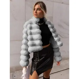 Women's Thick Winter Luxurious Faux Fur Coat with Plush Collar for Fall Winter Casual Outerwear Cozy Warm Jacket Fitted Solid Black Grey S-XL