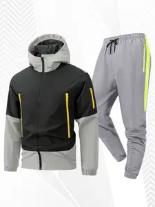 Men's Black Gray Colorblock Windproof Hooded Windbreaker Athletic Tracksuit Set, Multi-Pocket Neon Yellow Zipper Outdoor Techwear Running Gym Sportswear 2-Piece Set